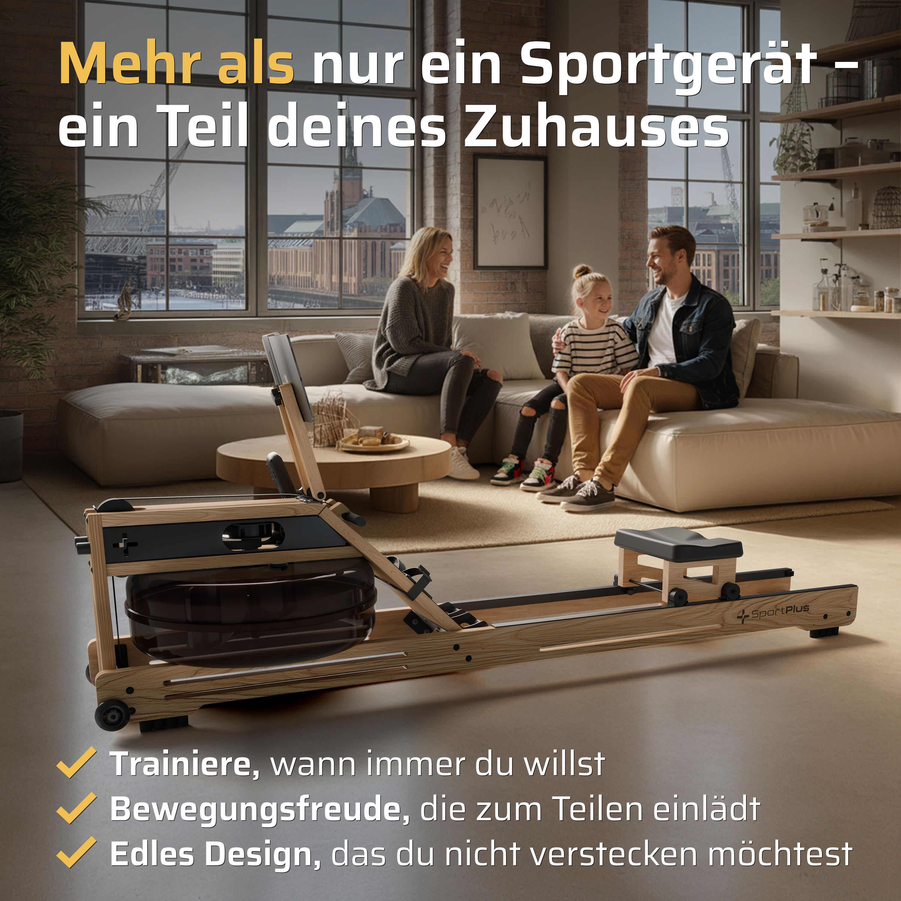 Rameur à eau SportPlus en chêne, compatible application, certifié FSC® 5/7