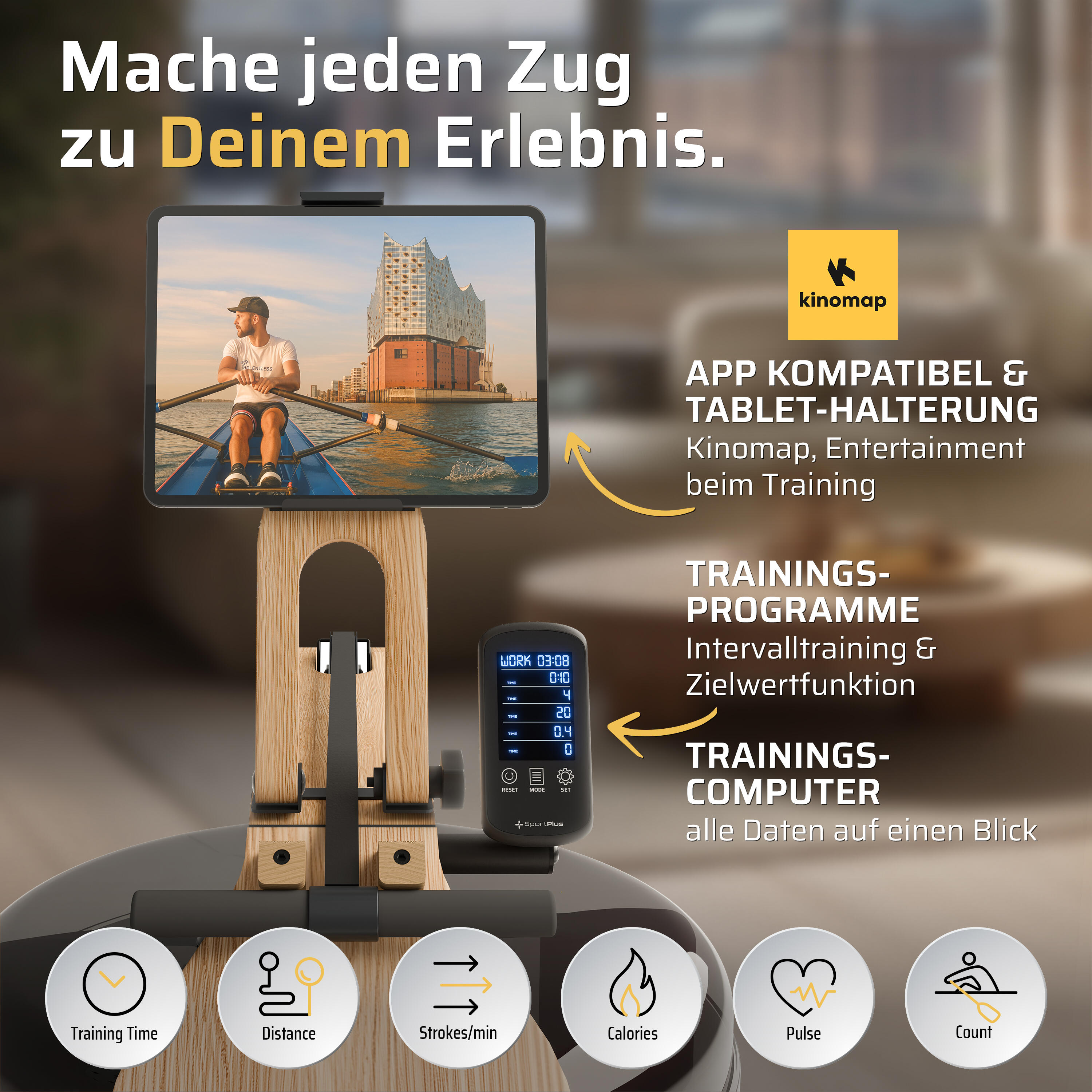 Rameur à eau SportPlus en chêne, compatible application, certifié FSC® 4/7