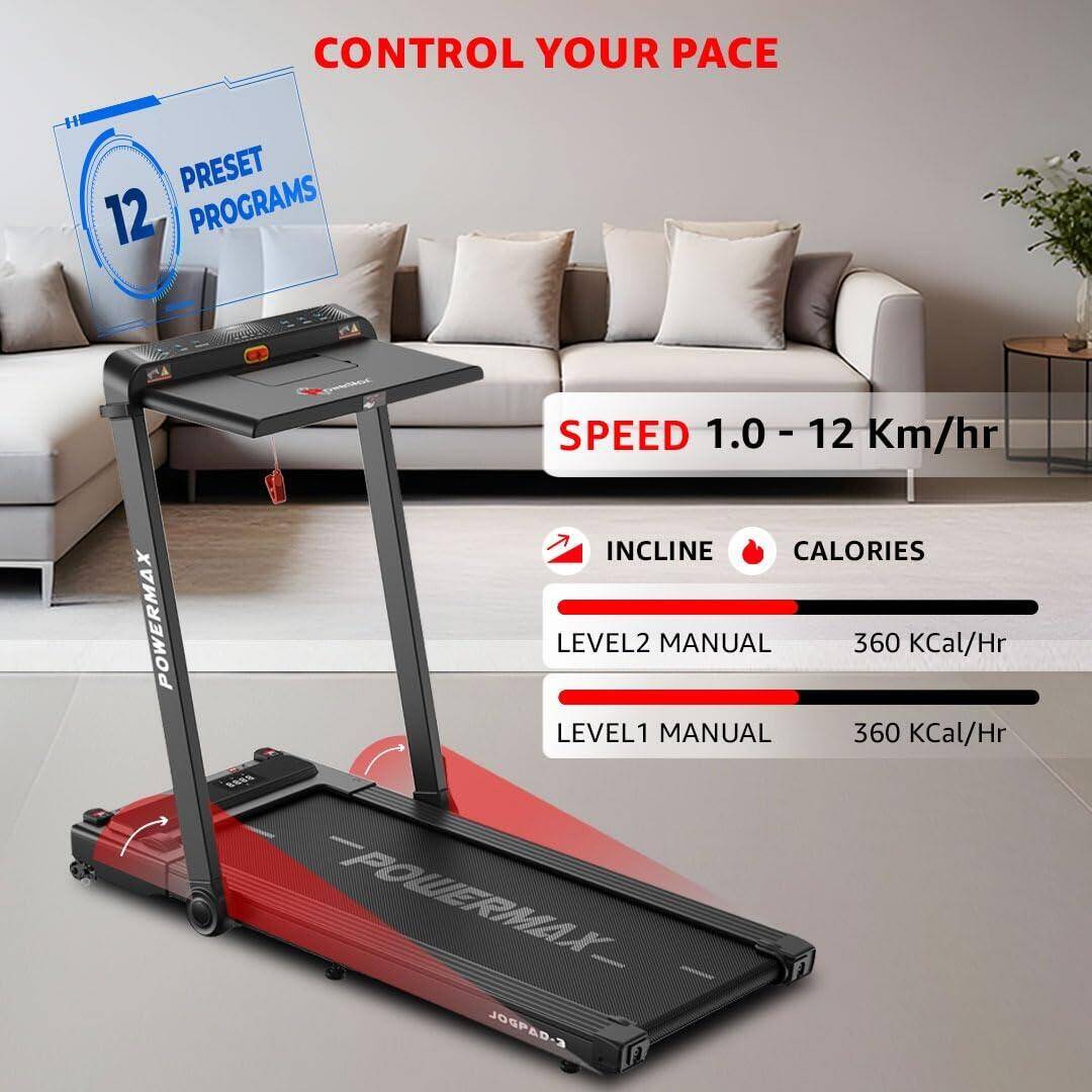 PowerMax Fitness JogPad-3 (4HP Peak) Motorised 2 in 1 Under Desk Treadmill for Home Workout | Walkingpad | Remote Control, LED Display, BT Speaker, | Free (DIY) Installation Assistance -  4
