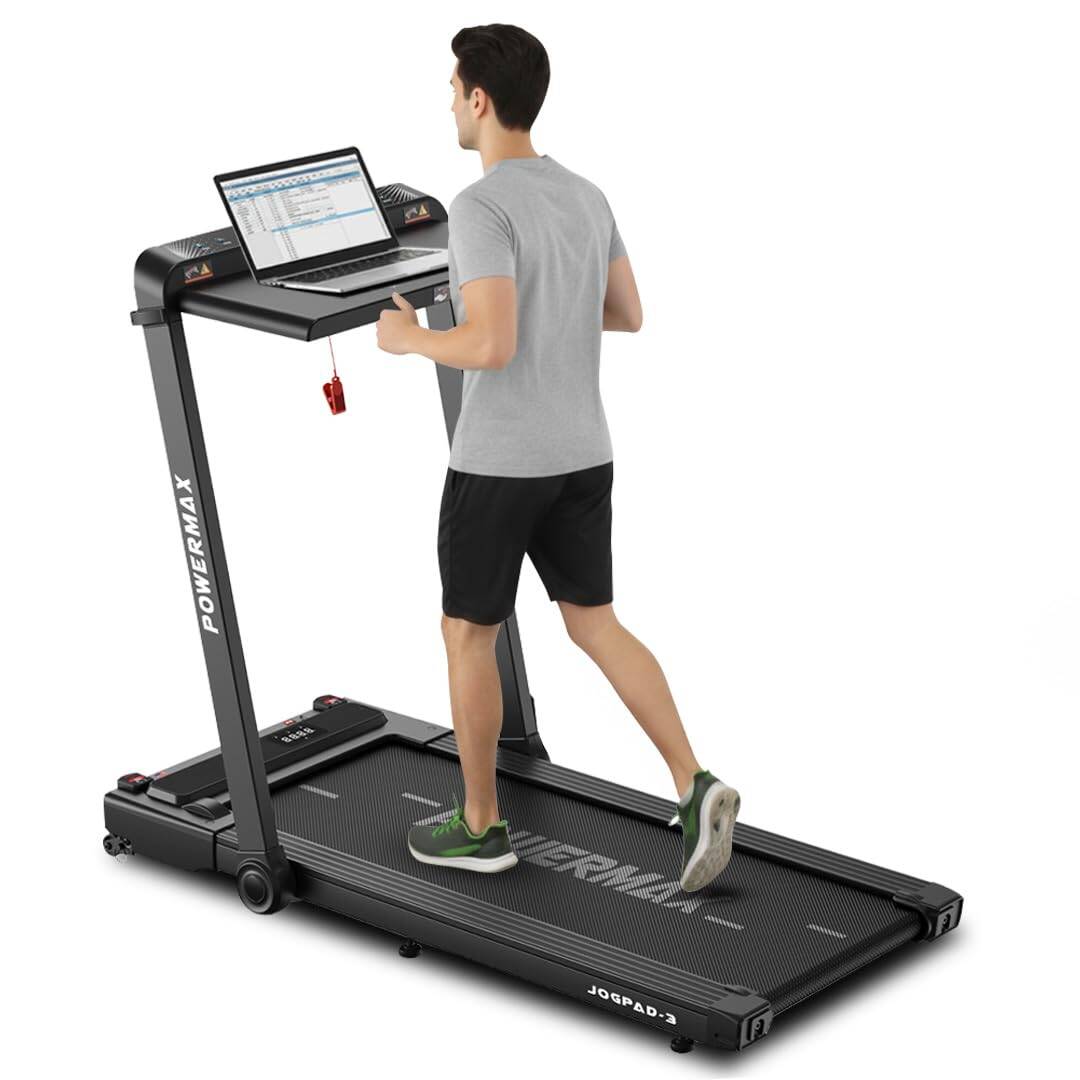 PowerMax Fitness JogPad-3 (4HP Peak) Motorised 2 in 1 Under Desk Treadmill for Home Workout | Walkingpad | Remote Control, LED Display, BT Speaker, | Free (DIY) Installation Assistance