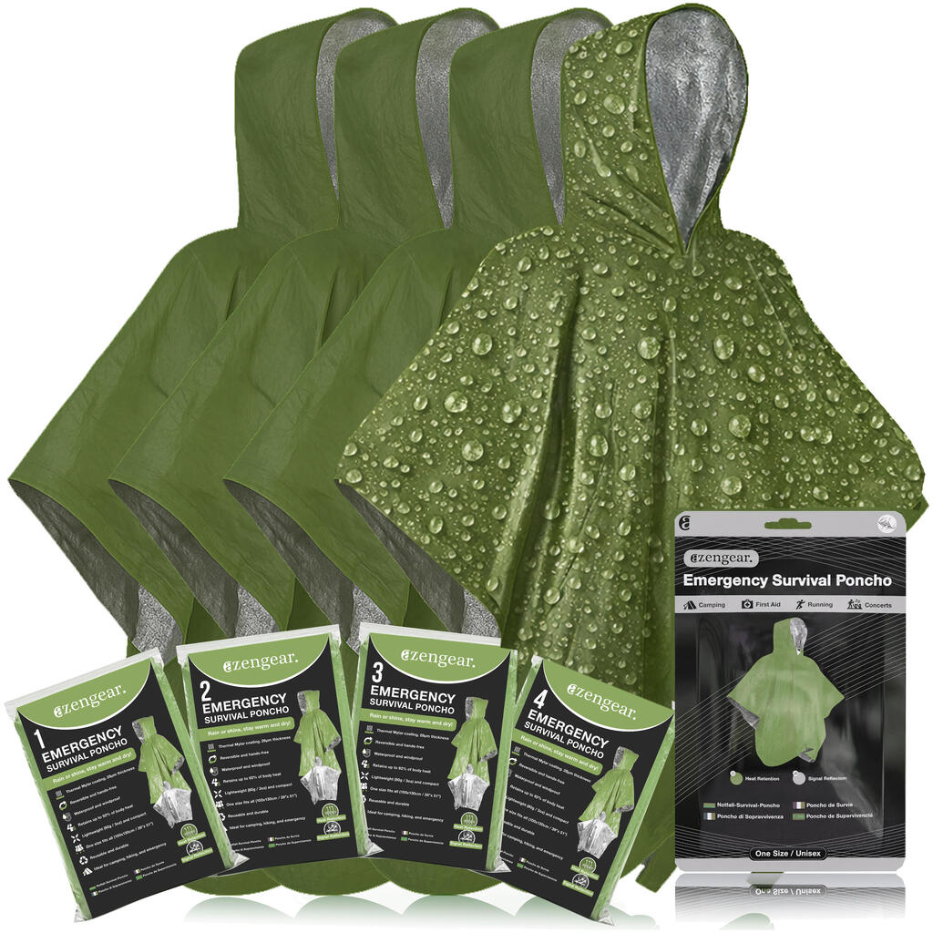 Emergency Survival Reversible Foil Poncho: Rain, Festivals, Hiking (Green, 4pc)