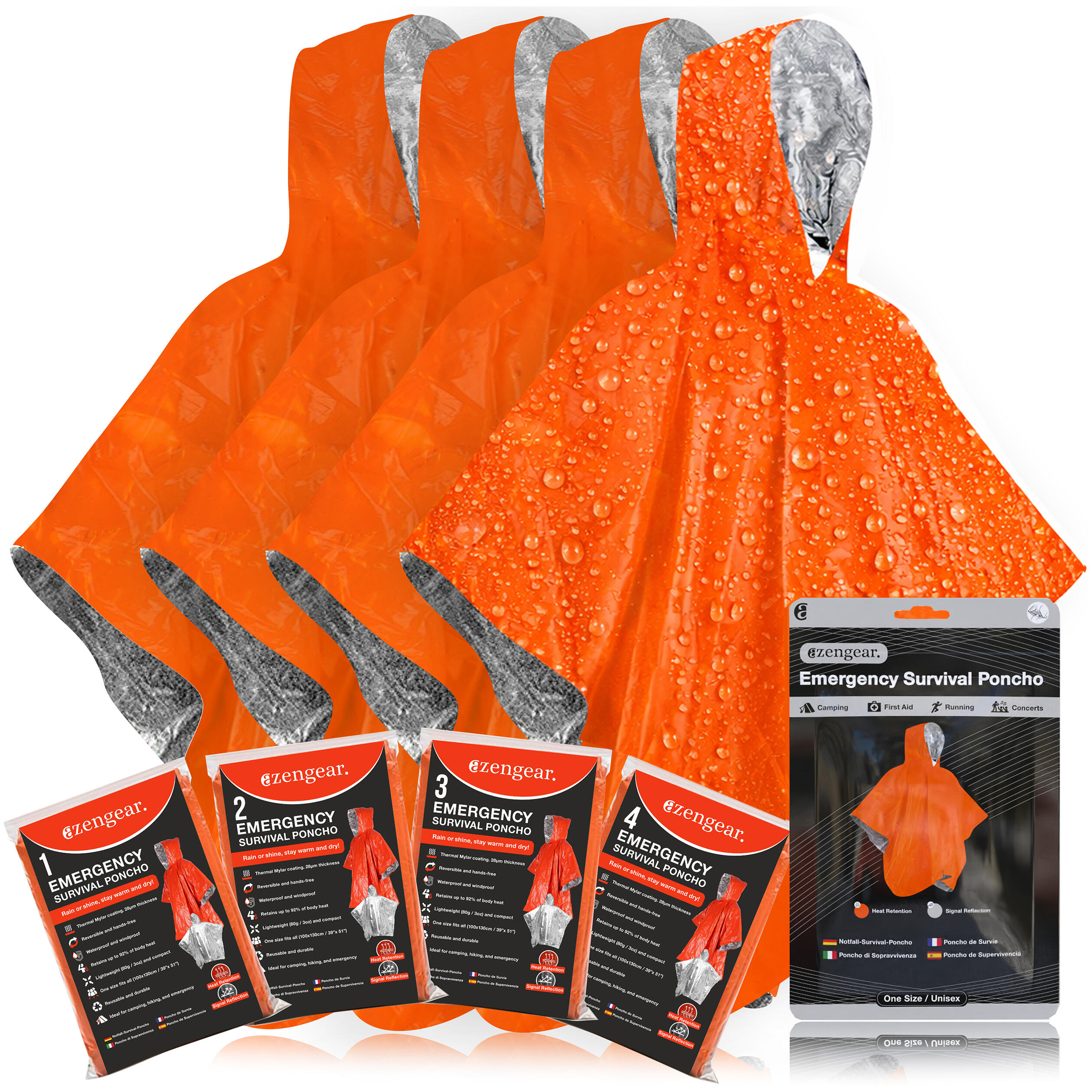 AZENGEAR Oboustranné nouzové termofóliové pončo (4 ks, oranžová) - voděodolný Mylar