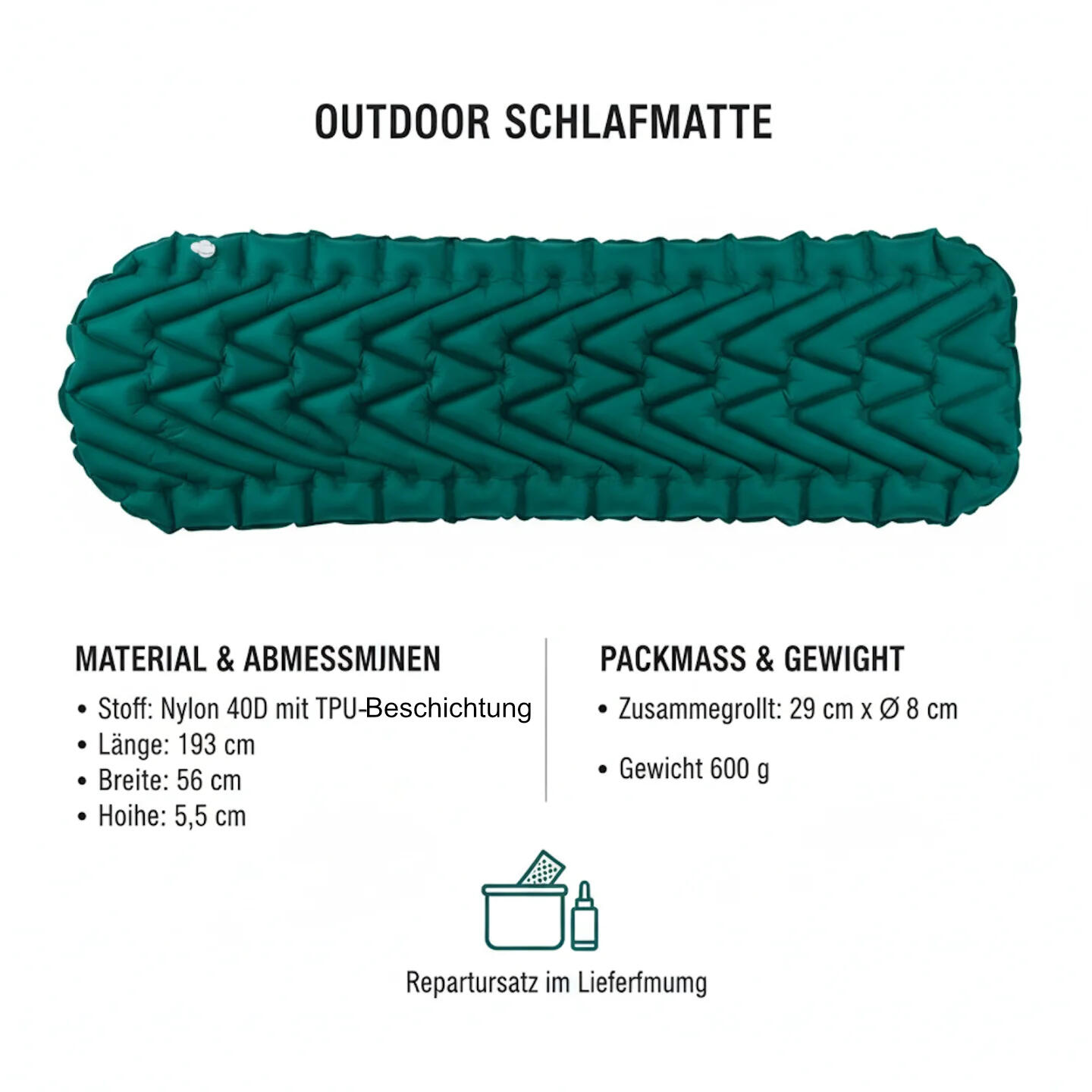 Trekking Matte Isomatte Luftbett 193 cm x 56 cm Ideal für Backpacking 600g 3/6