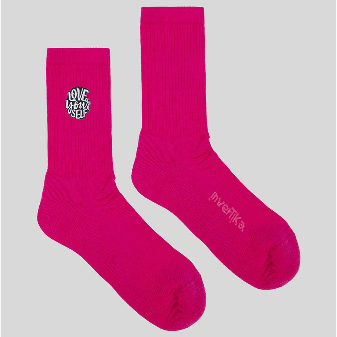 Calze sportive cotone ricamo love your self allenamento tempo libero Fucsia 3/5