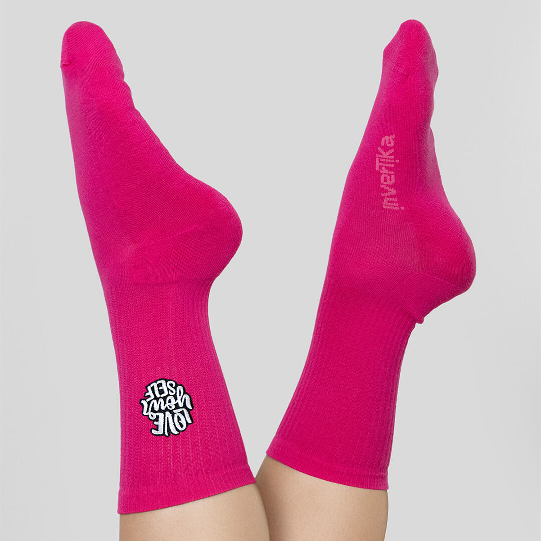 Calze sportive cotone ricamo love your self allenamento tempo libero Fucsia 2/5