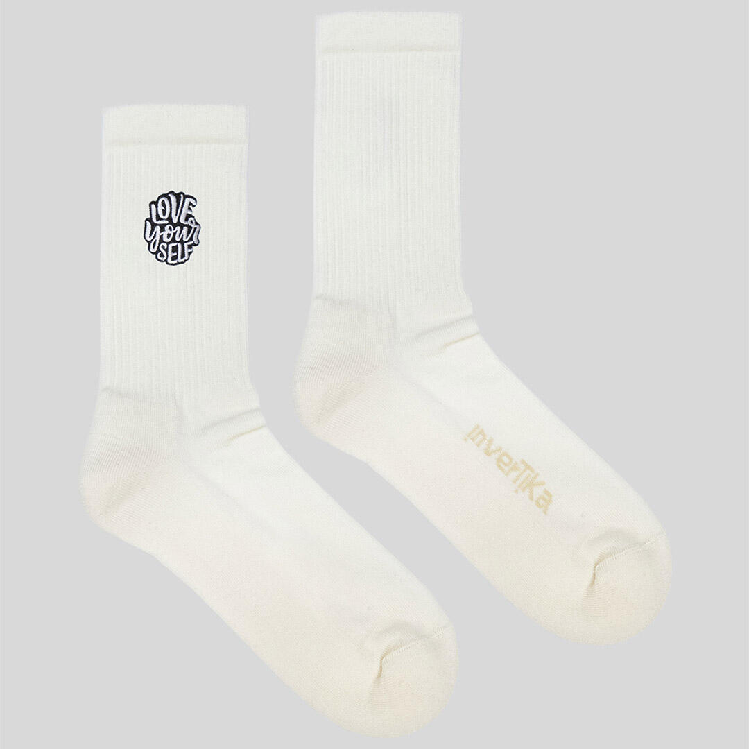 Calze sportive cotone ricamo love your self allenamento tempo libero Crema 3/5