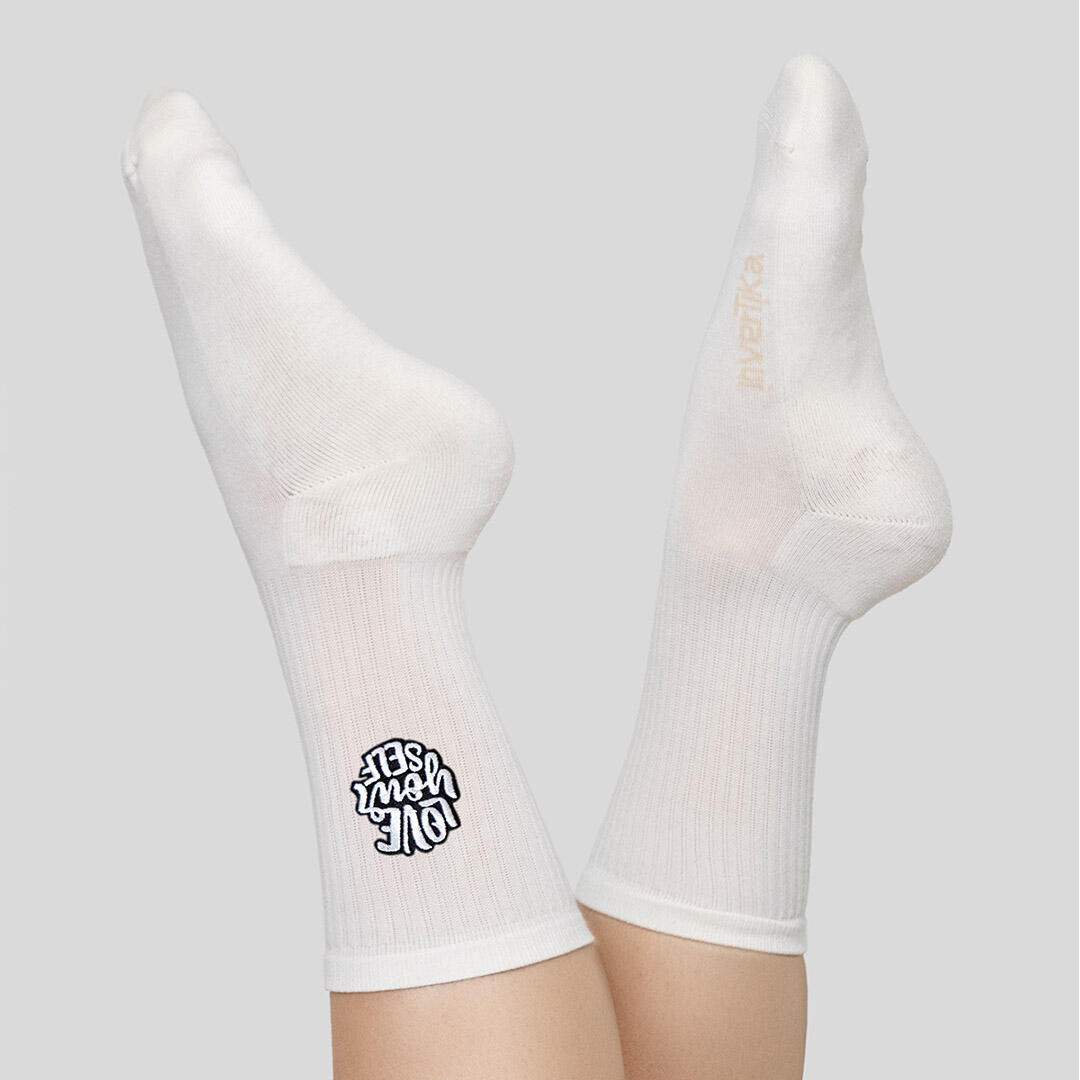 Calze sportive cotone ricamo love your self allenamento tempo libero Crema 2/5