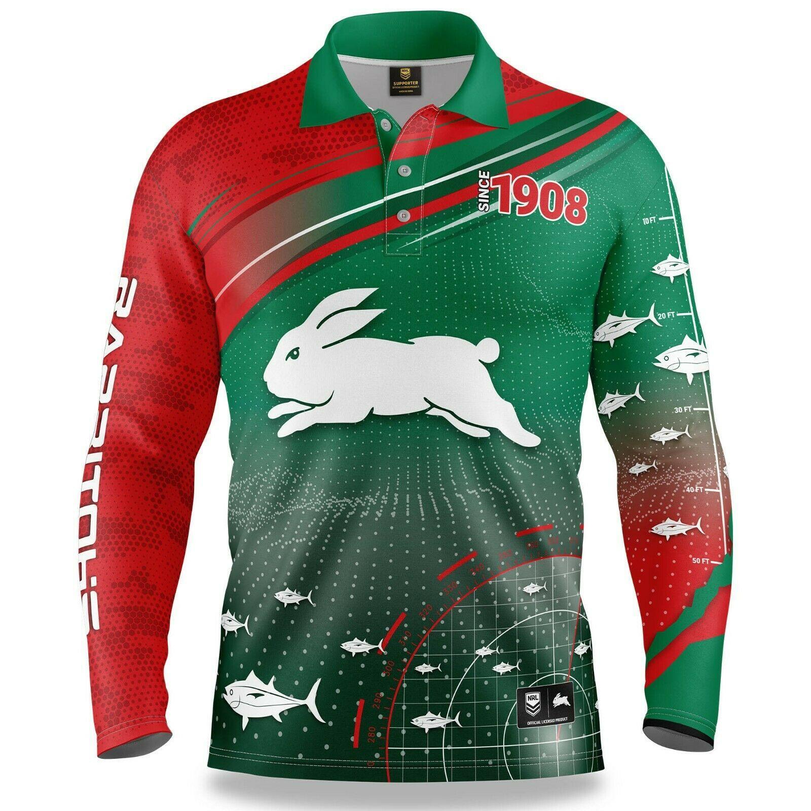 NRL Long Sleeve Fishfinder Fishing Polo Tee Shirt - South Sydney Rabbitohs YOUTH