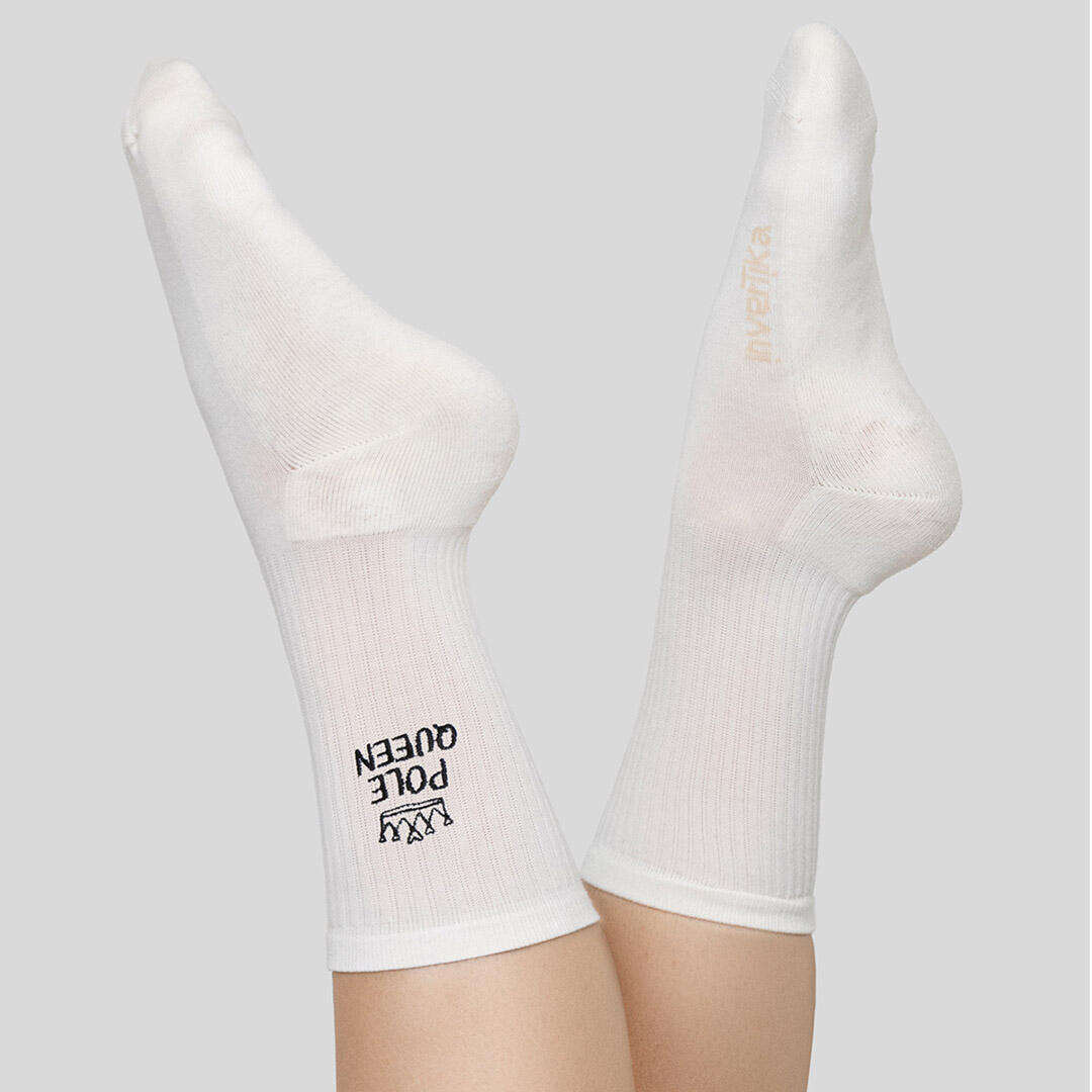 Calze sportive donna cotone scritta pole queen allenamento tempo libero Crema 2/5
