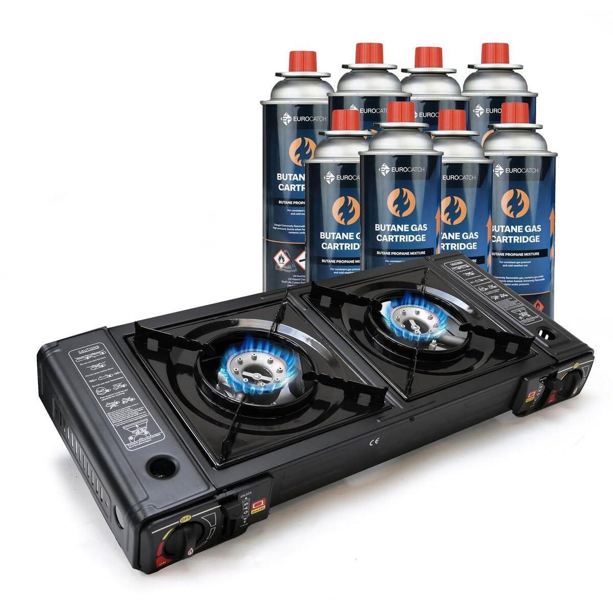 Eurocatch - Réchaud À Gaz 2 Feux - Incl. 8 Cartouches De Butane - Brûleur Camping - Réchaud - Noir - No Size - Decathlon