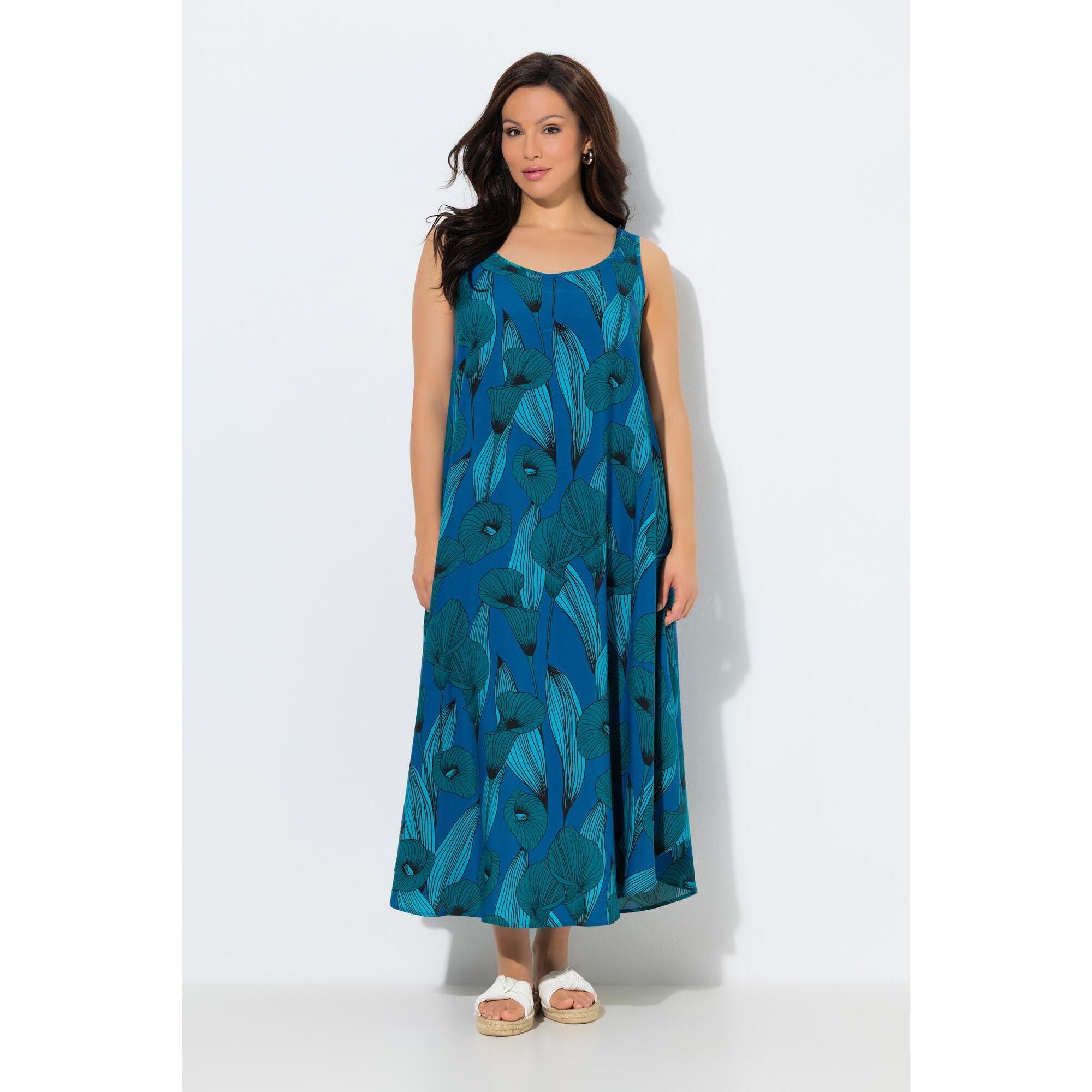 Ulla Popken - Femme Robe Midi Motif Arums Coupe Évasée Sans Manches Décolleté Rond - Robe - Bleu - Decathlon