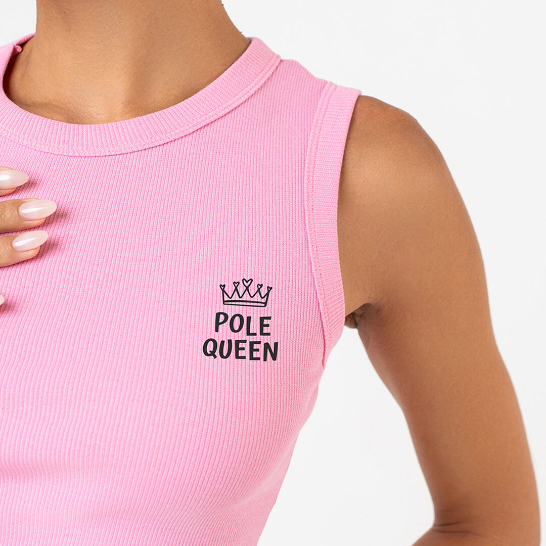 Top crop donna cotone costine scritta pole queen allenamento tempo libero Rosa 2/4