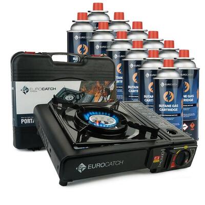 Eurocatch kooktoestel op gas - incl. 12 gasflessen - gasfornuis - draagkoffer