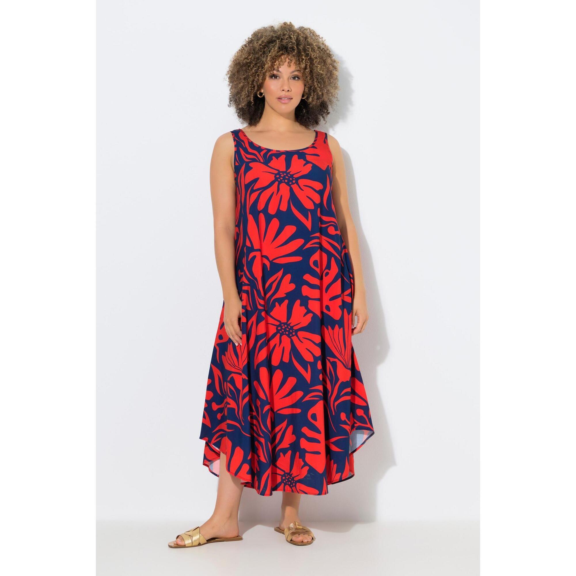Ulla Popken - Femme Robe Midi Sans Manches Motif Coraux Décolleté Rond Et Coupe Évasée - Robe - Bleu - Decathlon
