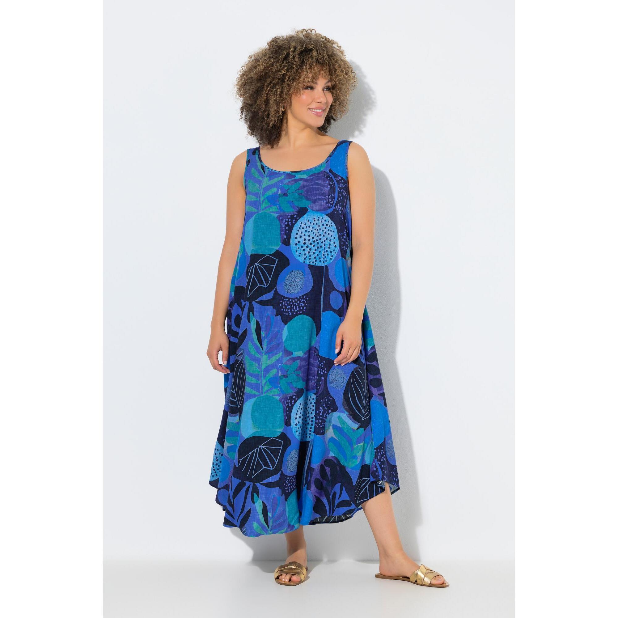 Ulla Popken - Femme Robe Midi Sans Manches Motif Fougères Et Décolleté Rond Coupe Évasée - Robe - Bleu - Decathlon