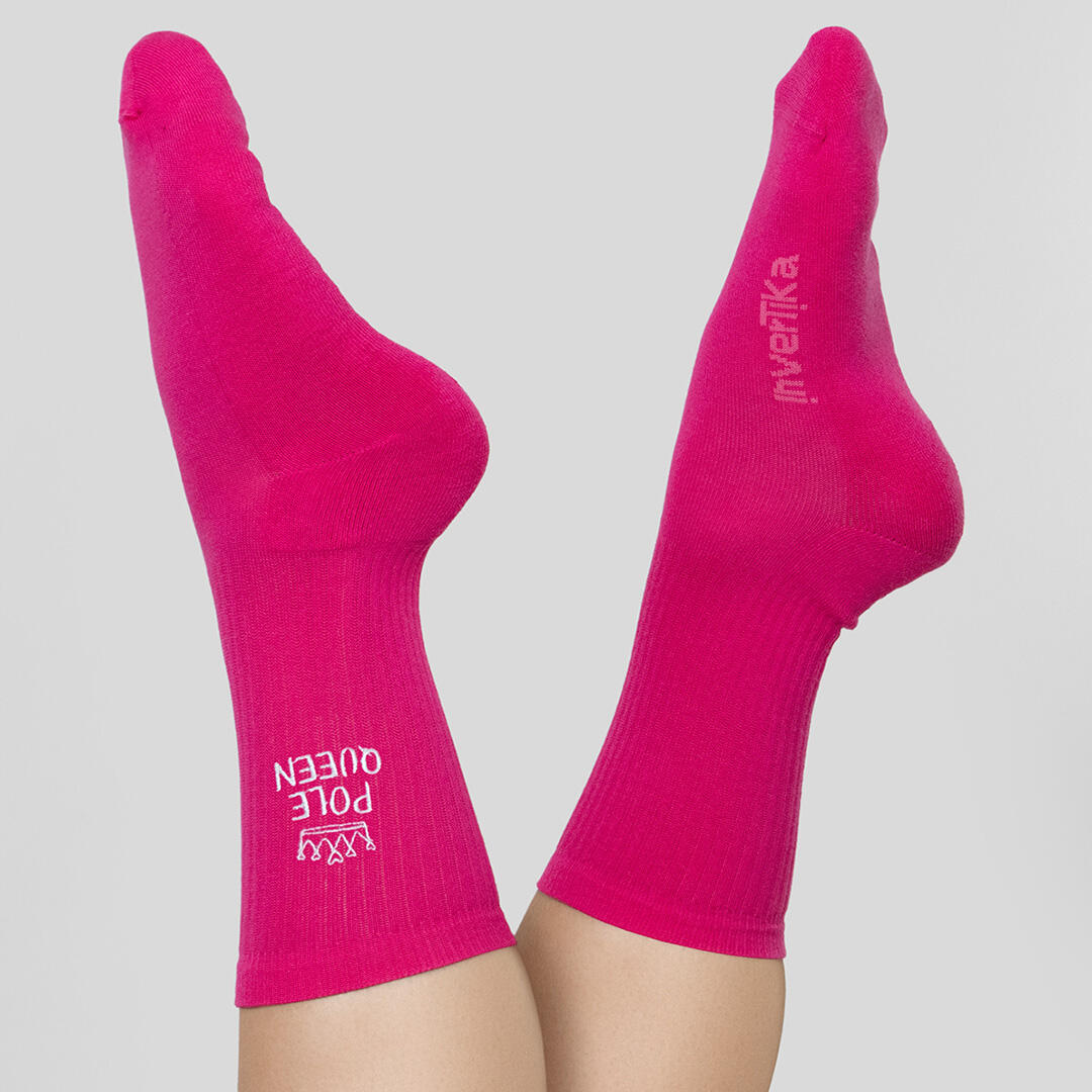 Calze sportive donna cotone scritta pole queen allenamento tempo libero Fucsia 2/5