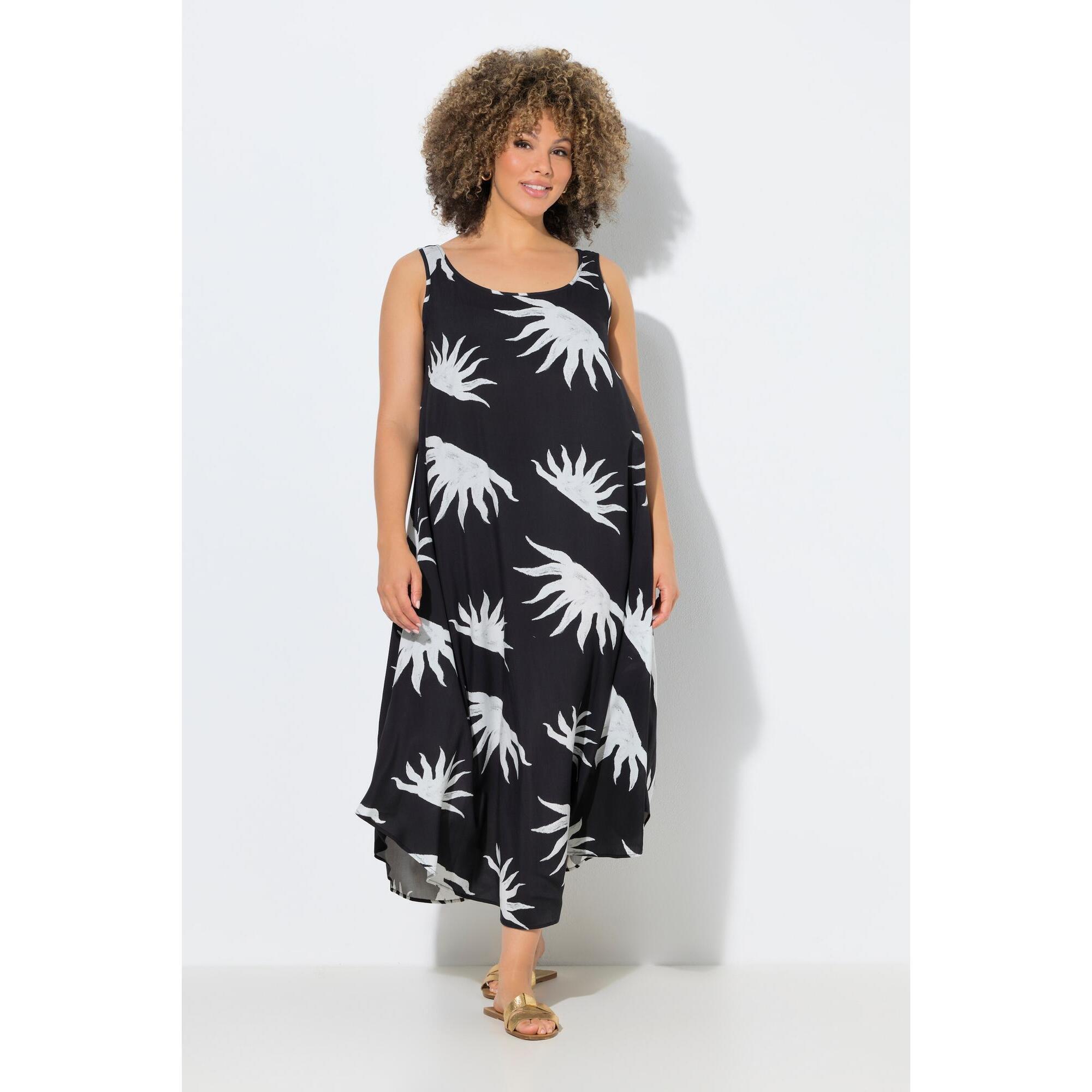 Ulla Popken - Femme Robe Midi Sans Manches Motif Soleils Décolleté Rond Et Coupe Évasée - Robe - Noir - Decathlon