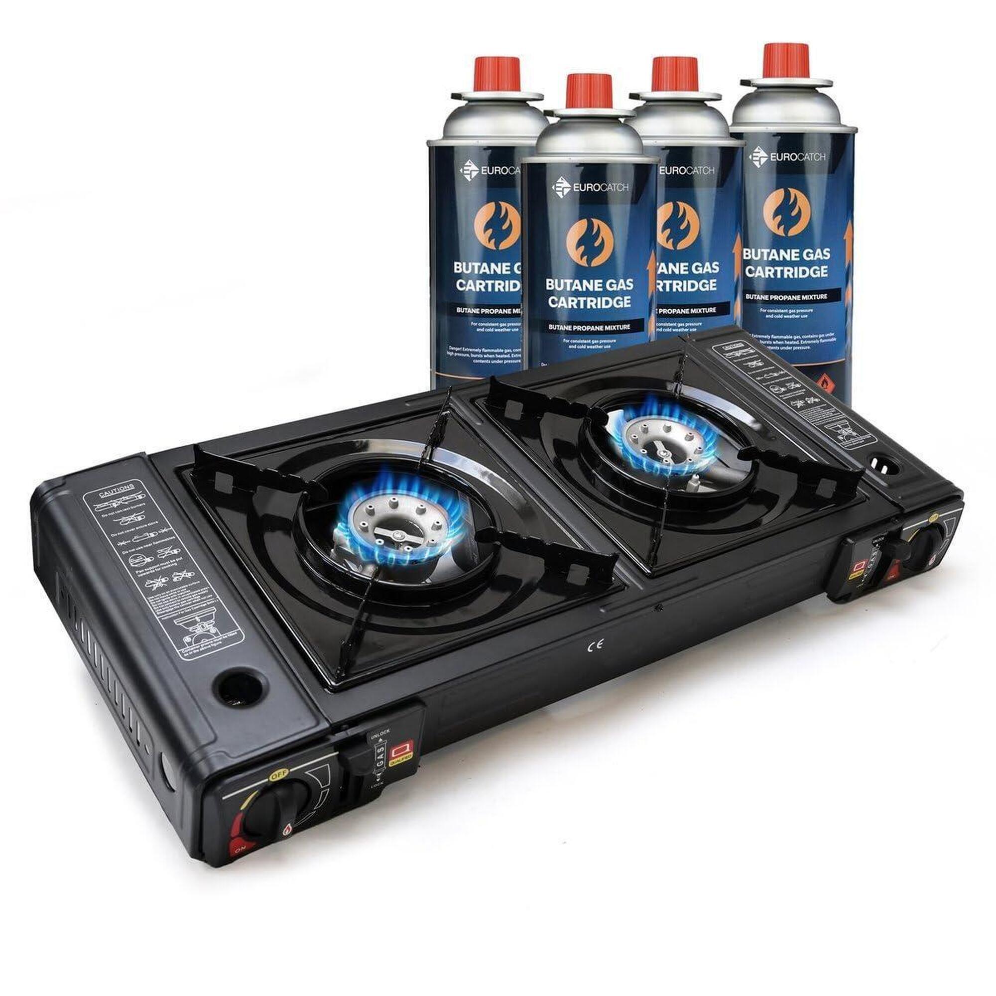 Eurocatch - Réchaud À Gaz 2 Feux - Incl. 4 Cartouches De Butane - Brûleur Camping - Réchaud - Noir - No Size - Decathlon