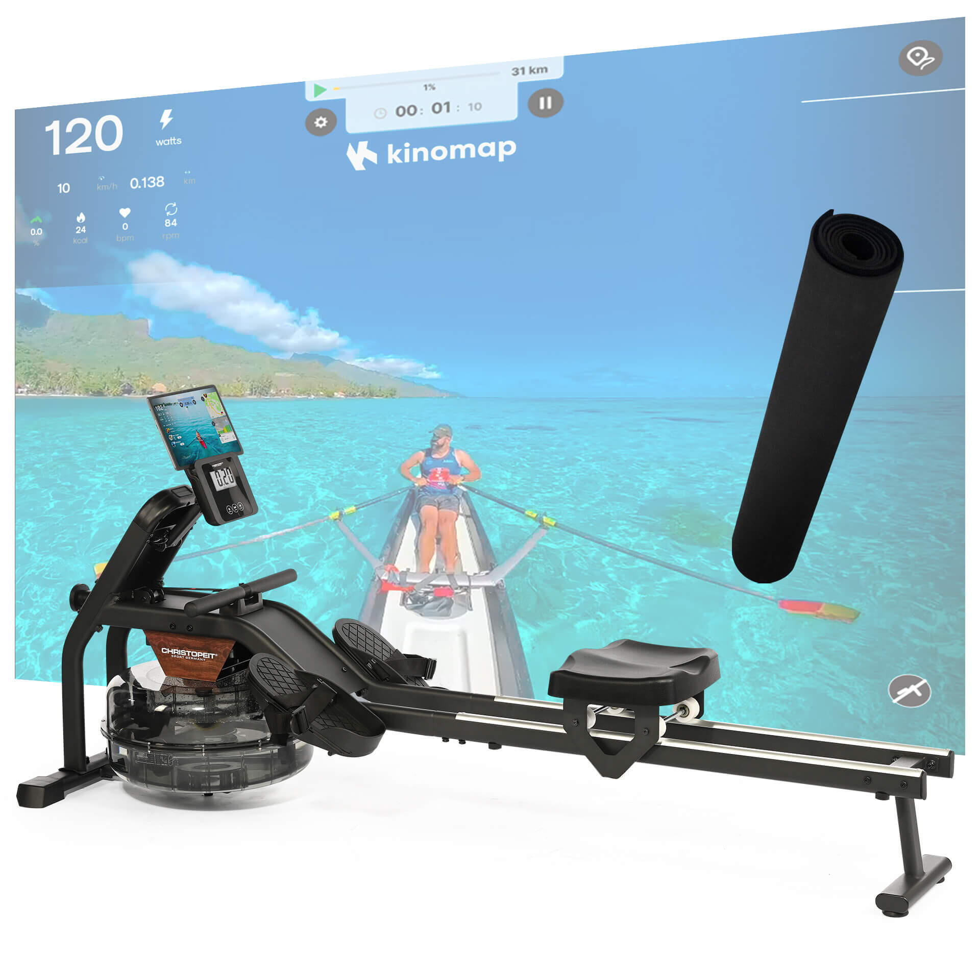 Rameur à résistance à l'eau - siège surélevé 120 kg, tapis inclus - Garda 1/12