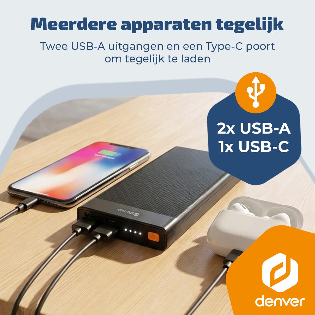 Powerbank - 10.000mAh - 2x USB-A - 1x USB-C - 1x Micro USB - QC 22.5W - PQC10008 5/7