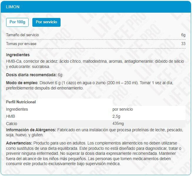 Recuperador Muscular Life Pro Nutrition HMB-Ca 200g Mejora Recuperación Muscular 4/5