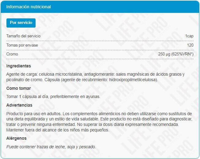 sales minerales Life Pro Picolinato de Cromo 120 Caps 4/4