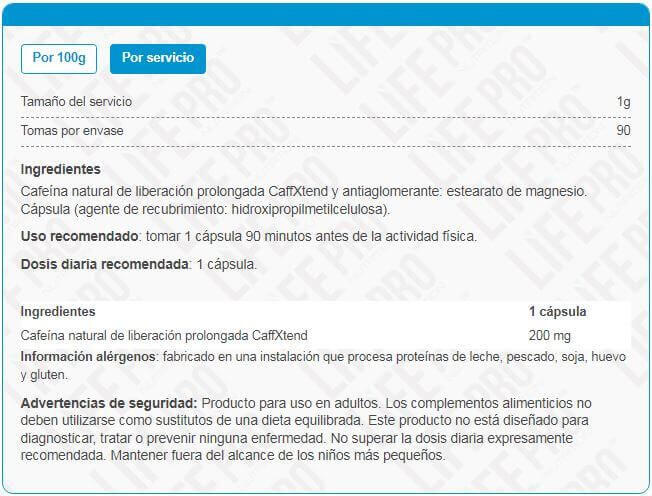 Quema grasas Life Pro Caffeine Extensive 200mg 90 Vcaps. 4/5