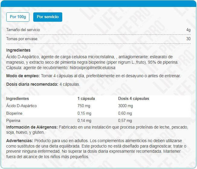 Daa d-aspartic acid 750mg - 120 vegancap de LifePRO 4/4