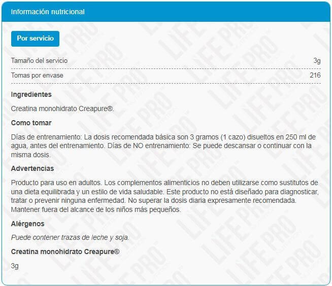 LIFE PRO CREATINE CREAPURE® 650G Unflavored – Fuerza, Energía y Pureza 4/4