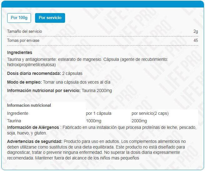 probióticos Life Pro Taurine 1000mg 90 vcaps. 5/6