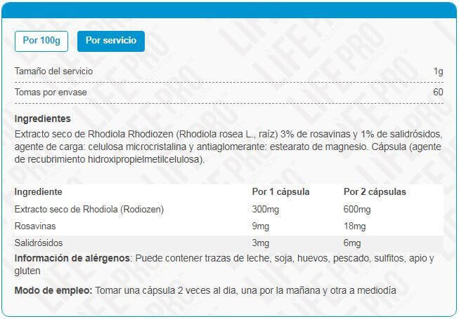 probióticos Life Pro Rhodiola Rosea 600mg 60 vegancaps. 4/4