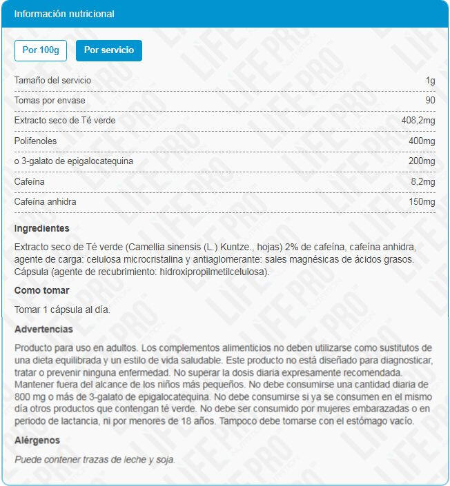 probióticos Life Pro Green Tea + EGCG + Caffeine 90 vcaps 98% Polyphenols 4/4