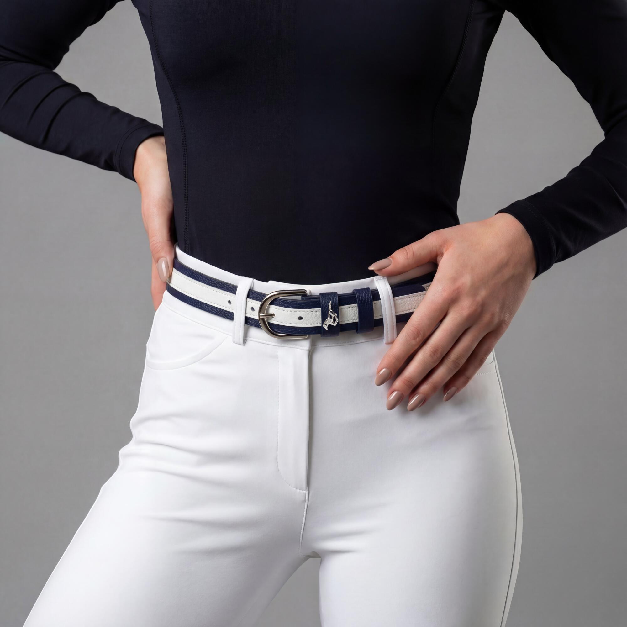 Galop Wear - Ceinture D’équitation En Cuir Cheval Argenté – Cuir Italien Et Boucle Argentée - Ceinture - Blanc|bleu - 75 Cm - Decathlon