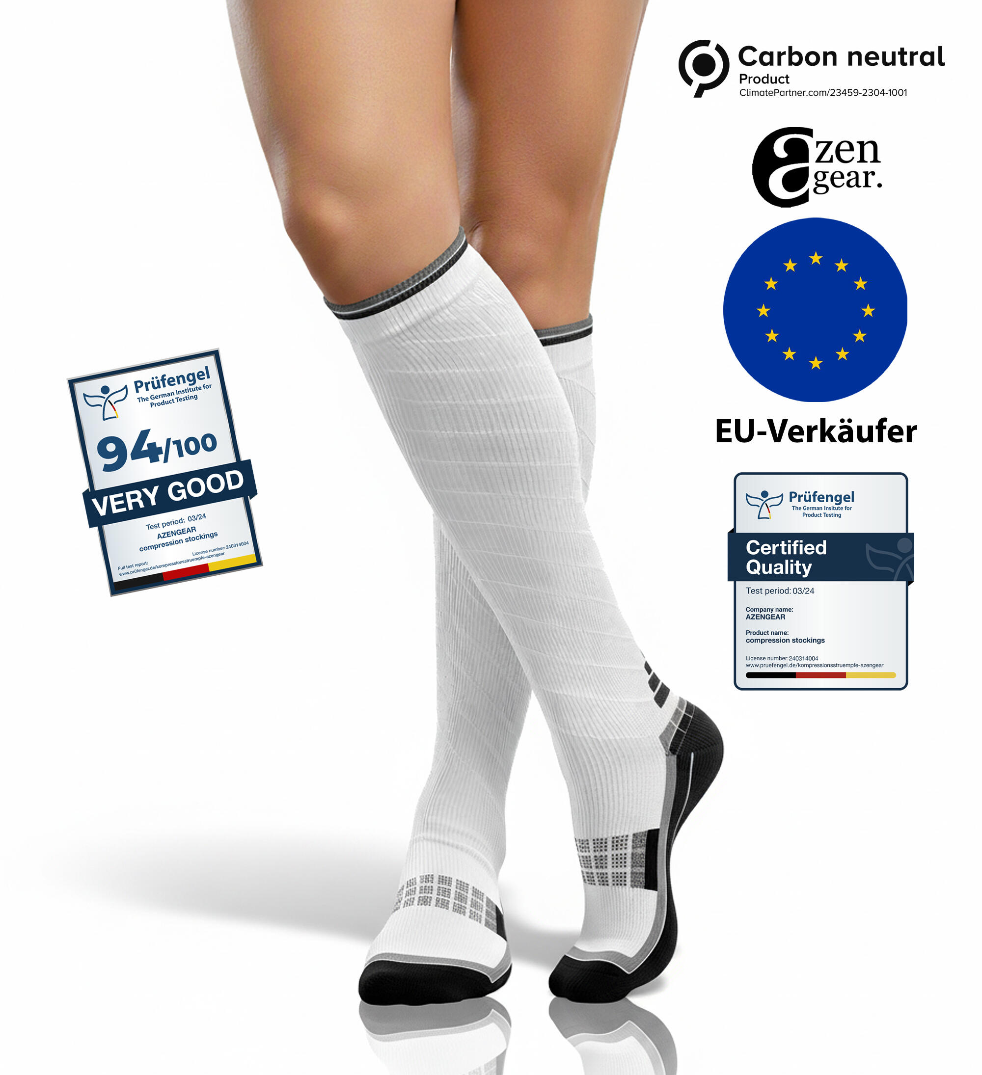 Compressiekousen voor dames en heren (20-30 mmHg klasse 2) (wit/zwart, L-XL) 4/7