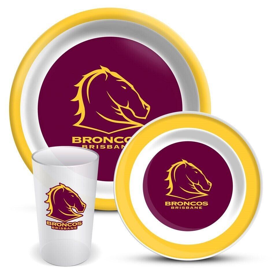 NRL 3 Piece Dinner Set - Brisbane Broncos - Melamine Plate, Bowl, Cup