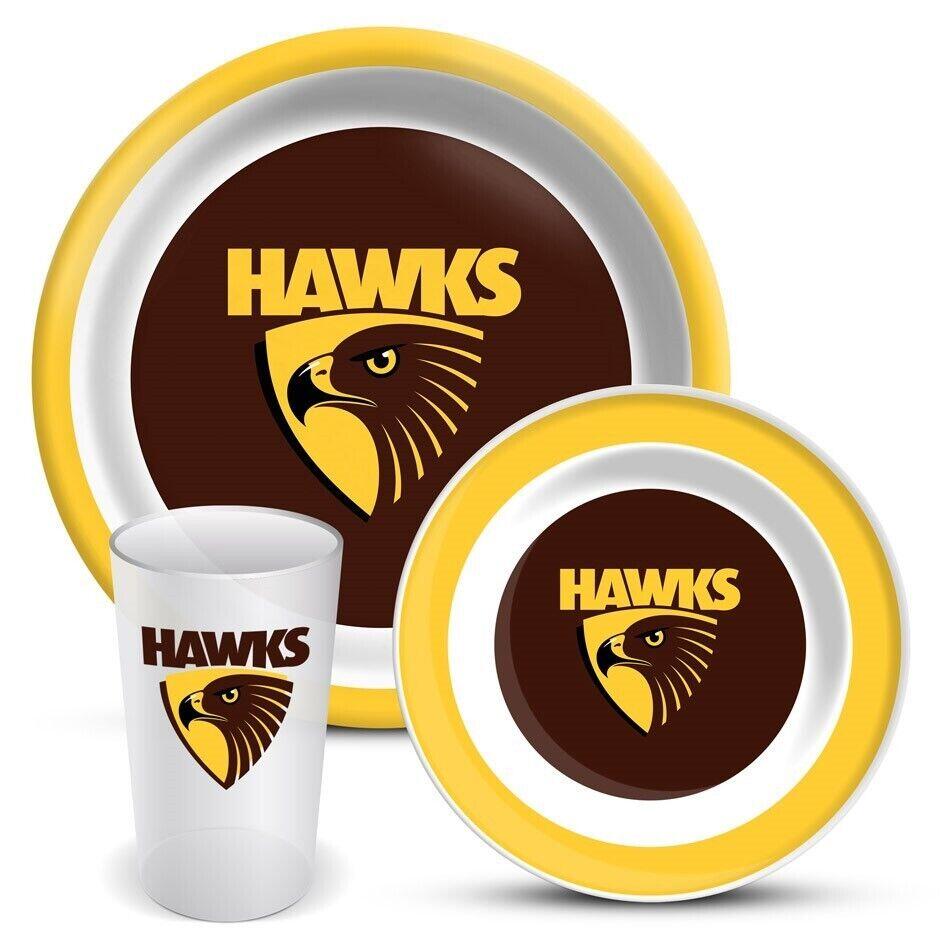 AFL 3 Piece Dinner Set - Hawthorn Hawks - Melamine Plate, Bowl, Cup