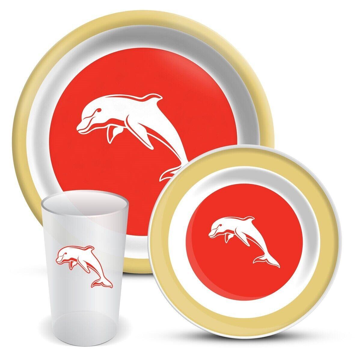 NRL 3 Piece Dinner Set - Dolphins - Melamine Plate, Bowl, Cup