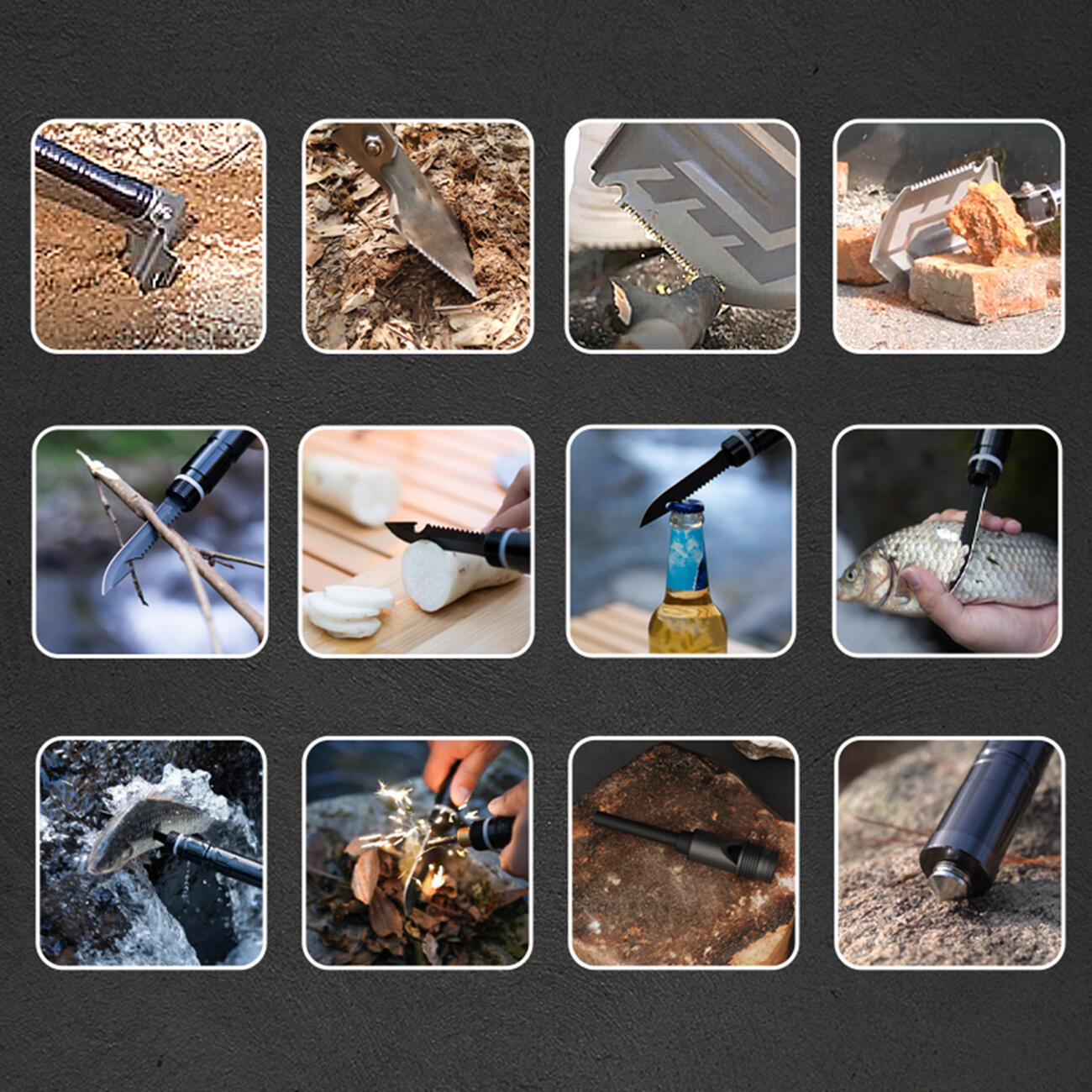 Saperka składana survival bushcraft nóż zbijak krzesiwo gwizdek harpun 21w1 2/7