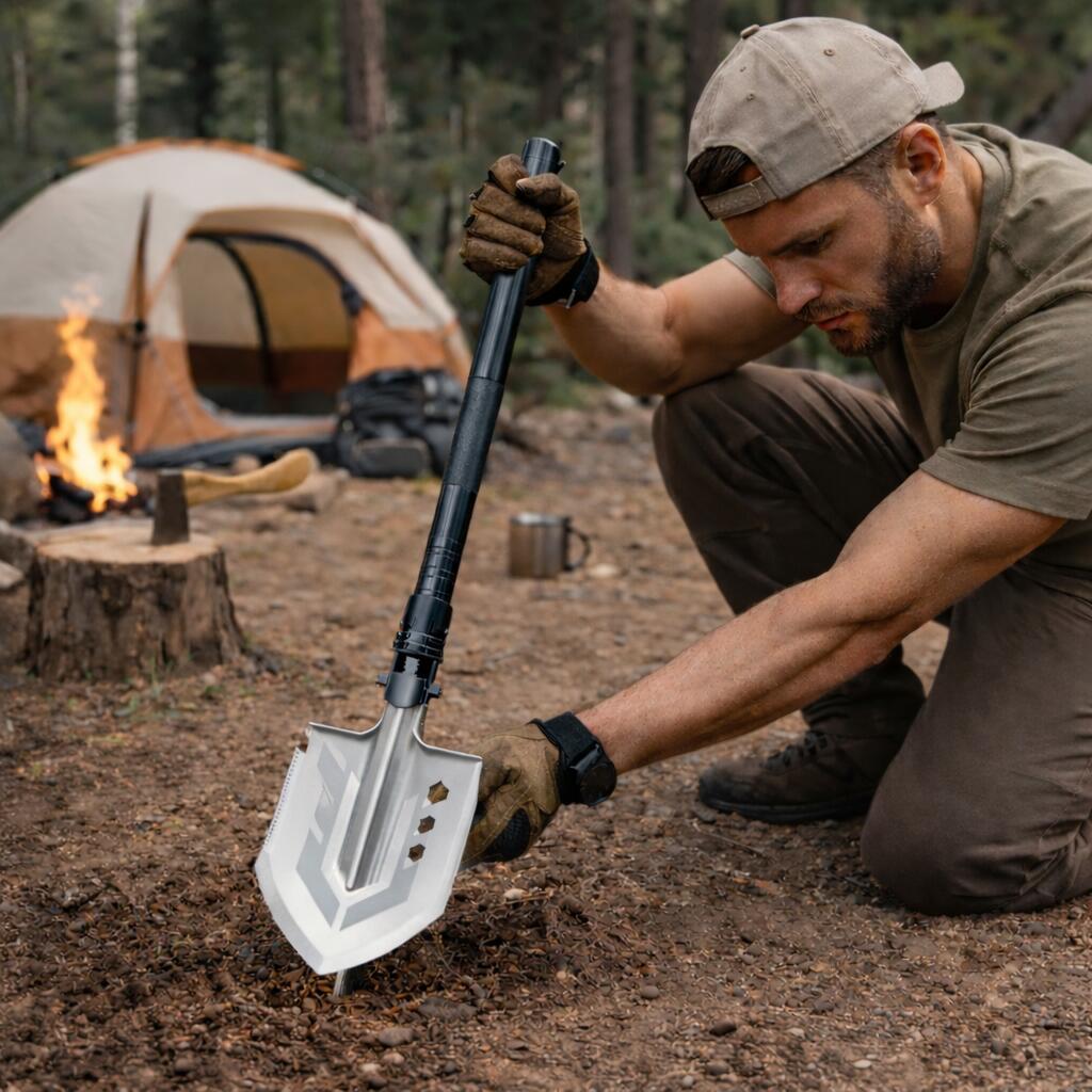 Saperka składana survival bushcraft nóż zbijak krzesiwo gwizdek harpun 21w1 5/7