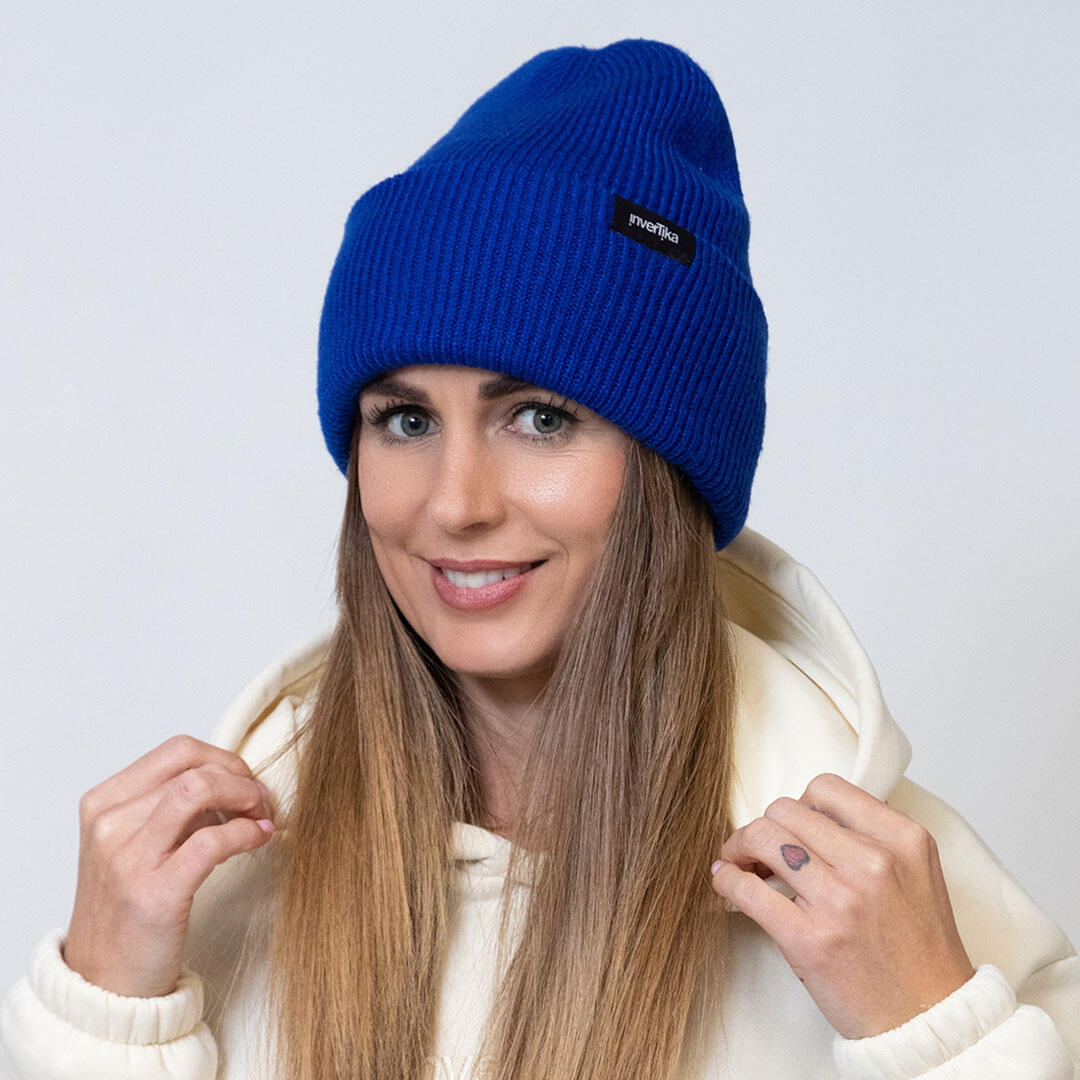 Cappello poliestere riciclato tessuto maglia costine uso quotidiano Blu 3/4