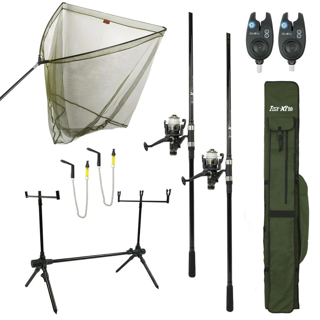 Deluxe Carp Fishing Set - 2 Rods - Alarms, Rod Pod, Holdall and Landing Net
