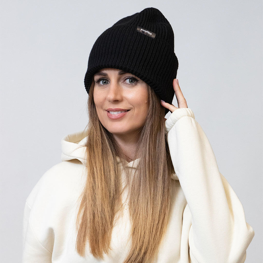Cappello poliestere riciclato tessuto maglia costine uso quotidiano Nero 3/4