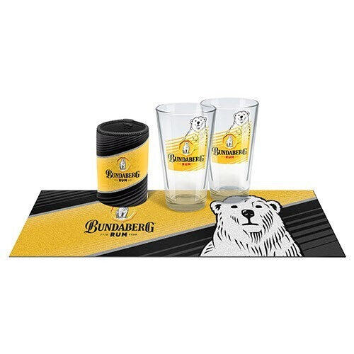 Bundaberg Rum Bar Essentials Pack - Bundy Rum - 2 x Glass - Bar Mat - Cooler
