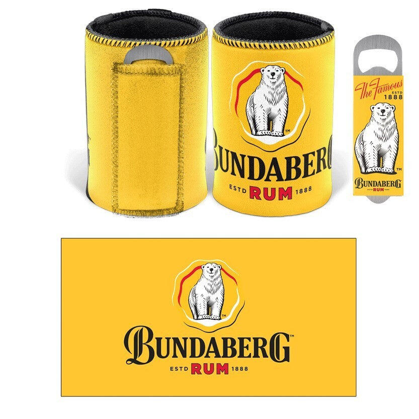 Bundaberg Rum Stubby Cooler and Opener - Can Holder - Bundy Rum - Metal Opener
