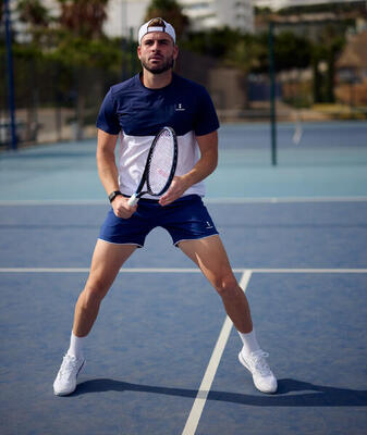 Performance tennis/padel t-shirt heren wit/marineblauw