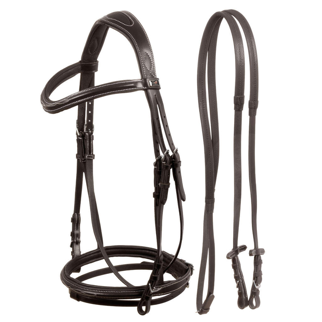Headstall with contrasting stitching and reins