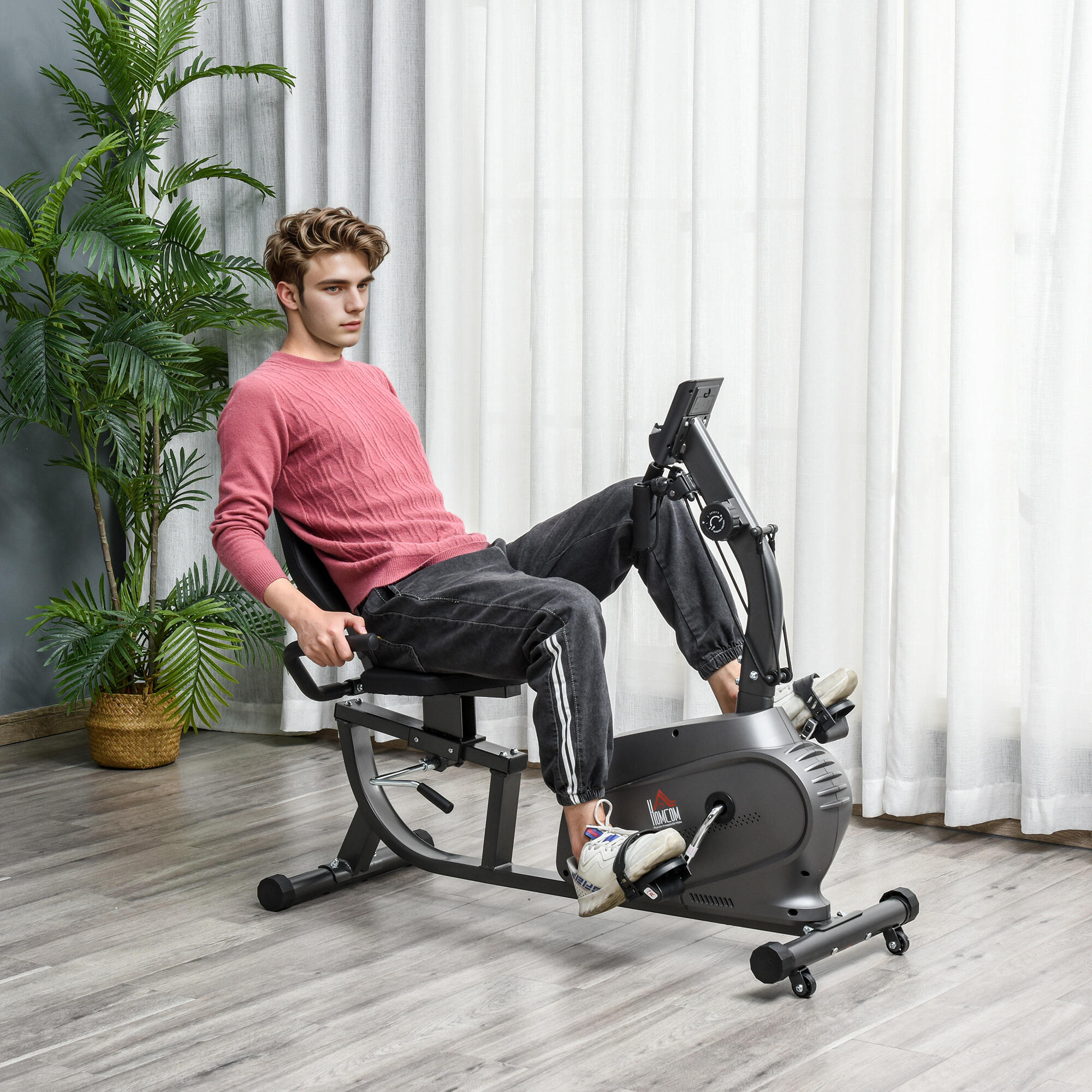 HOMCOM Cyclette Orizzontale Magnetica Sedile Regolabile ed Elastici per Braccia 2/8