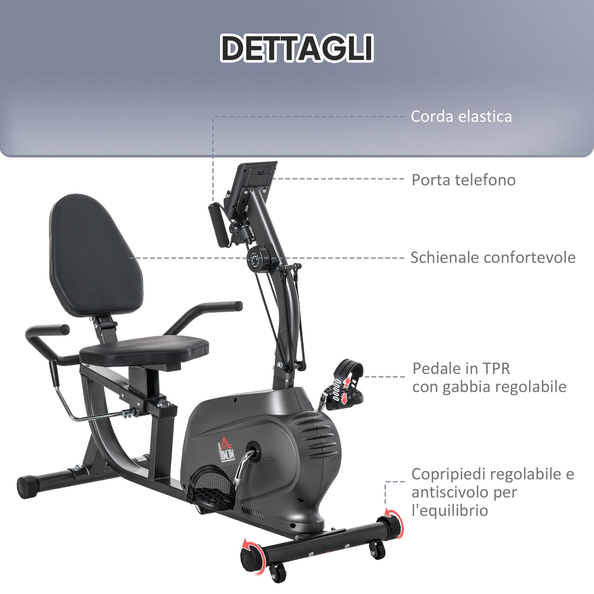 HOMCOM Cyclette Orizzontale Magnetica Sedile Regolabile ed Elastici per Braccia 7/8