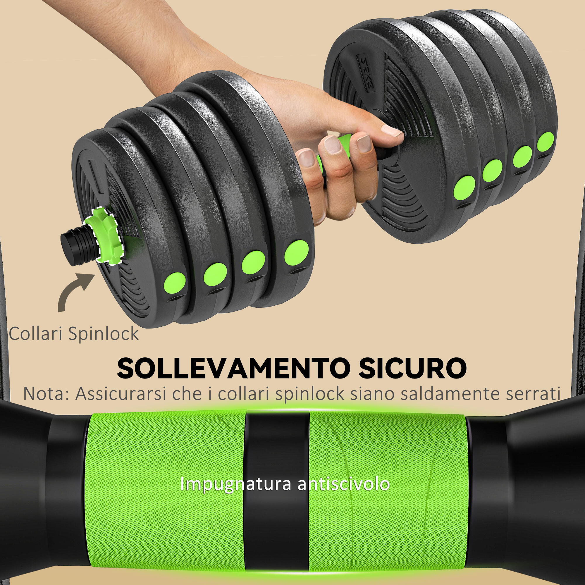 SPORTNOW Set Bilanciere con Pesi 3 in 1 da 16 Dischi in Plastica e Sabbia Verde 6/7