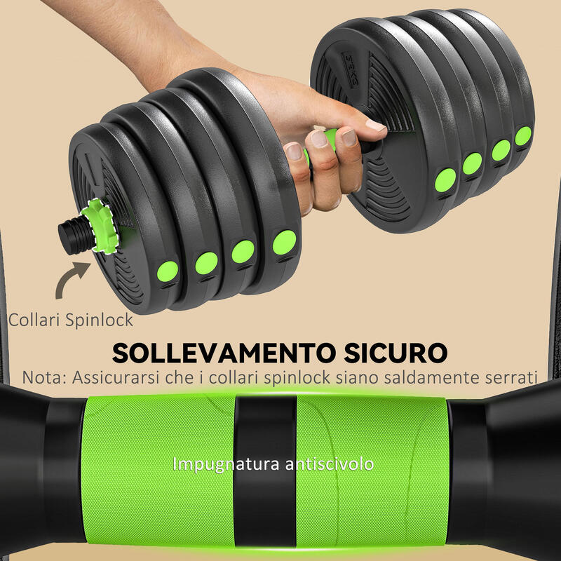 Set haltere SPORTNOW 3 în 1 cu 16 discuri de greutăți din plastic și nisip verde